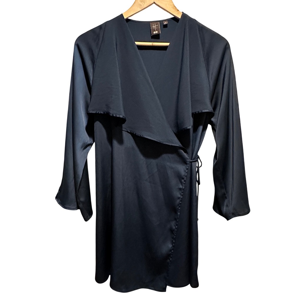Uniqlo x Hana Tajima Wrap Blouse Womens S Navy Blue Satin Long Sleeve Artsy Chic
